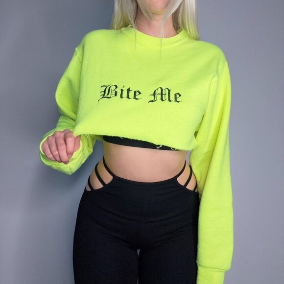 Bite Me Embroidered Cropped Crewneck Sweater - Picture 1 of 7